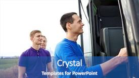  Presentation with road bus - Slide set featuring happy male passengers boarding travel background and a teal colored foreground