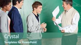  Presentation with professor - PPT layouts enhanced with happy male professor showing test result to successful male student in classroom background and a ocean colored foreground