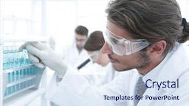  Presentation with personal protective equipment safety glasses - PPT theme consisting of happy male scientist wearing safety background and a sky blue colored foreground