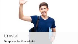  Presentation with student - Presentation theme consisting of happy male student holding folder and showing greeting gesture isolated on a white background looking at camera background and a white colored foreground
