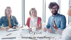  Presentation with women meeting - Slide deck having happy man and two women listening to idea of colleague at working meeting background and a light blue colored foreground