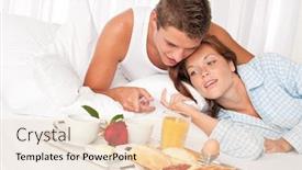  Presentation with bed hotel - Colorful PPT layouts enhanced with happy man and woman having luxury hotel breakfast in bed together backdrop and a lemonade colored foreground