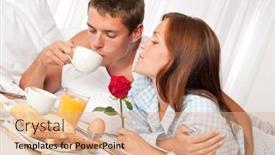 Presentation with luxury hotel - Beautiful PPT theme featuring happy man and woman having luxury hotel breakfast in bed together backdrop and a coral colored foreground