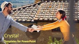  Presentation with walking together - Presentation theme with happy man and woman laughing and holding hands together while walking at vacation background and a tawny brown colored foreground