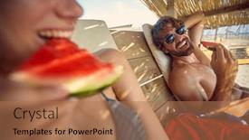  Presentation with eat - Presentation theme having happy-man-and-woman background and a coral colored foreground