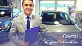  Presentation with show - Presentation design with happy man at auto show background and a ocean colored foreground