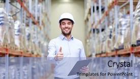  Presentation with fire disaster in a warehouse - Audience pleasing slides consisting of happy man at warehouse showing backdrop and a light blue colored foreground
