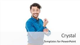  Presentation with man looking up happy - Slide deck having happy man buttoning shirt isolated background and a white colored foreground