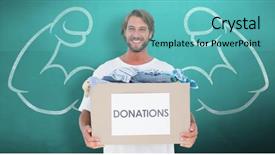  Presentation with donation - Slide set consisting of happy man carrying donation box against green chalkboard background and a teal colored foreground