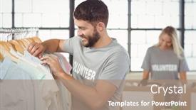  Presentation with donation - Audience pleasing PPT layouts consisting of happy man choosing clothes for donation with woman man in background backdrop and a coral colored foreground
