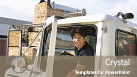  Presentation with attention and driving - Audience pleasing PPT theme consisting of happy man driving truck backdrop and a coral colored foreground