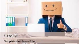  Presentation with employee - Cool new theme with happy man employee with box backdrop and a soft green colored foreground