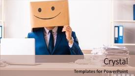  Presentation with happy sad face man - Cool new presentation theme with happy man employee with box backdrop and a coral colored foreground
