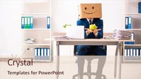  Presentation with recognition - Presentation theme having happy man employee with box background and a  colored foreground