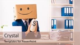  Presentation with box - PPT layouts consisting of happy man employee with box background and a  colored foreground