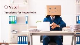  Presentation with box - Audience pleasing theme consisting of happy man employee with box backdrop and a  colored foreground