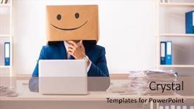  Presentation with employee - Cool new slides with happy man employee with box backdrop and a coral colored foreground