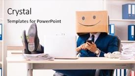  Presentation with box - Cool new slide deck with happy man employee with box backdrop and a  colored foreground