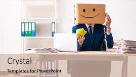  Presentation with box - Beautiful PPT theme featuring happy man employee with box backdrop and a  colored foreground