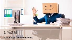  Presentation with box - Slide deck featuring happy man employee with box background and a  colored foreground