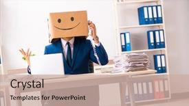  Presentation with happy sad face man - PPT layouts having happy man employee with box background and a soft green colored foreground