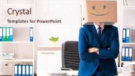  Presentation with recognition - Cool new PPT theme with happy man employee with box backdrop and a sky blue colored foreground