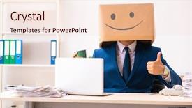  Presentation with employee - Slide set enhanced with happy man employee with box background and a lemonade colored foreground