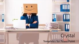  Presentation with box - Slide set enhanced with happy man employee with box background and a coral colored foreground