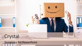  Presentation with employee of year - Amazing PPT theme having happy man employee with box backdrop and a lemonade colored foreground