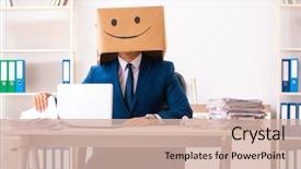  Presentation with box - Beautiful slide deck featuring happy man employee with box backdrop and a soft green colored foreground