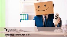  Presentation with happy sad face man - PPT layouts with happy man employee with box background and a soft green colored foreground