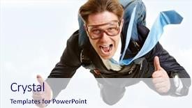  Presentation with parachute - Amazing PPT theme having happy man flying with parachute backdrop and a sky blue colored foreground
