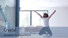  Presentation with virtual reality - Cool new theme with happy man getting experience using backdrop and a  colored foreground
