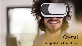  Presentation with virtual reality environments - Slide deck with happy man getting experience using background and a yellow colored foreground