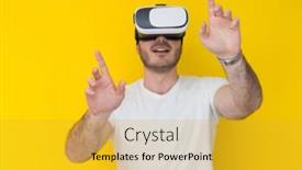  Presentation with experience - Theme consisting of happy man getting experience using vr headset glasses of virtual reality isolated on yellow background background and a gold colored foreground