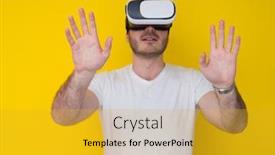  Presentation with experience - Cool new slide set with happy man getting experience using vr headset glasses of virtual reality isolated on yellow background backdrop and a gold colored foreground