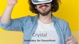  Presentation with experience - Colorful PPT theme enhanced with happy man getting experience using vr headset glasses of virtual reality isolated on yellow background backdrop and a light blue colored foreground