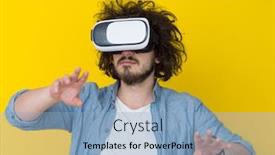 Presentation with experience - Audience pleasing slides consisting of happy man getting experience using vr headset glasses of virtual reality isolated on yellow background backdrop and a light blue colored foreground
