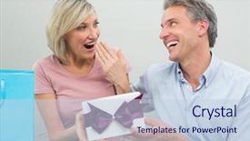  Presentation with happy birthday - Presentation theme featuring happy man giving a surprised woman a birthday gift at home background and a lemonade colored foreground