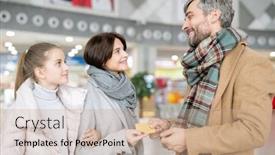  Presentation with christmas sale - Cool new slides with happy man giving credit card to his wife and daughter before shopping in the mall on black friday or christmas sale backdrop and a coral colored foreground