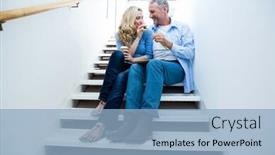  Presentation with steps - Cool new slide deck with happy man giving flower to woman on steps at home backdrop and a light blue colored foreground