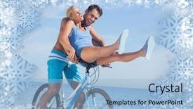  Presentation with lift - Slide deck featuring happy man giving girlfriend a lift on his crossbar against snow background and a light blue colored foreground