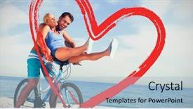  Presentation with lift - Presentation having happy man giving girlfriend a lift on his crossbar against print background and a light blue colored foreground