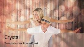  Presentation with black light - Cool new presentation theme with happy man giving his partner a piggy back against light circles on black background backdrop and a coral colored foreground