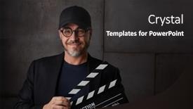  Presentation with black man - Presentation theme consisting of happy-man-holding-black-clapper background and a dark gray colored foreground