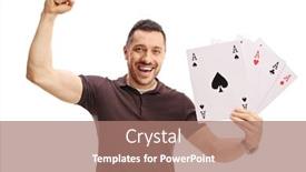  Presentation with win - Audience pleasing presentation theme consisting of happy-man-holding-four-playing backdrop and a coral colored foreground