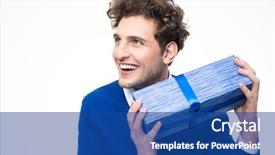  Presentation with gifting - Audience pleasing PPT layouts consisting of happy man holding gift backdrop and a ocean colored foreground
