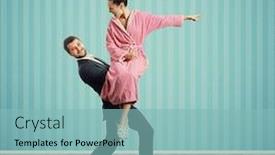  Presentation with happy angry - Slide set consisting of happy man holding her wife on the hands and smiling angry woman screaming and pointing at something background and a light blue colored foreground