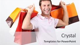  Presentation with paper bag vs plastic bags - Presentation theme consisting of happy man holding shopping bags background and a white colored foreground