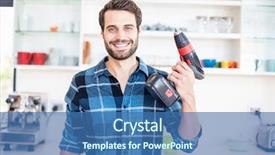  Presentation with drill - Audience pleasing presentation theme consisting of happy man holding with drill backdrop and a ocean colored foreground